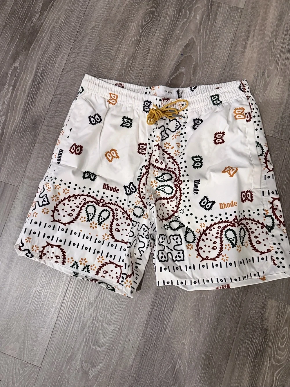 Rhude White Bandana Print Swim Shorts with Gold Drawstring